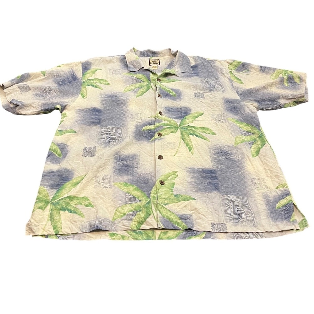 Tommy Bahama Button Up Shirt Mens XL Blue Green‎ Silk Palm Tree Aloha Hawaiian